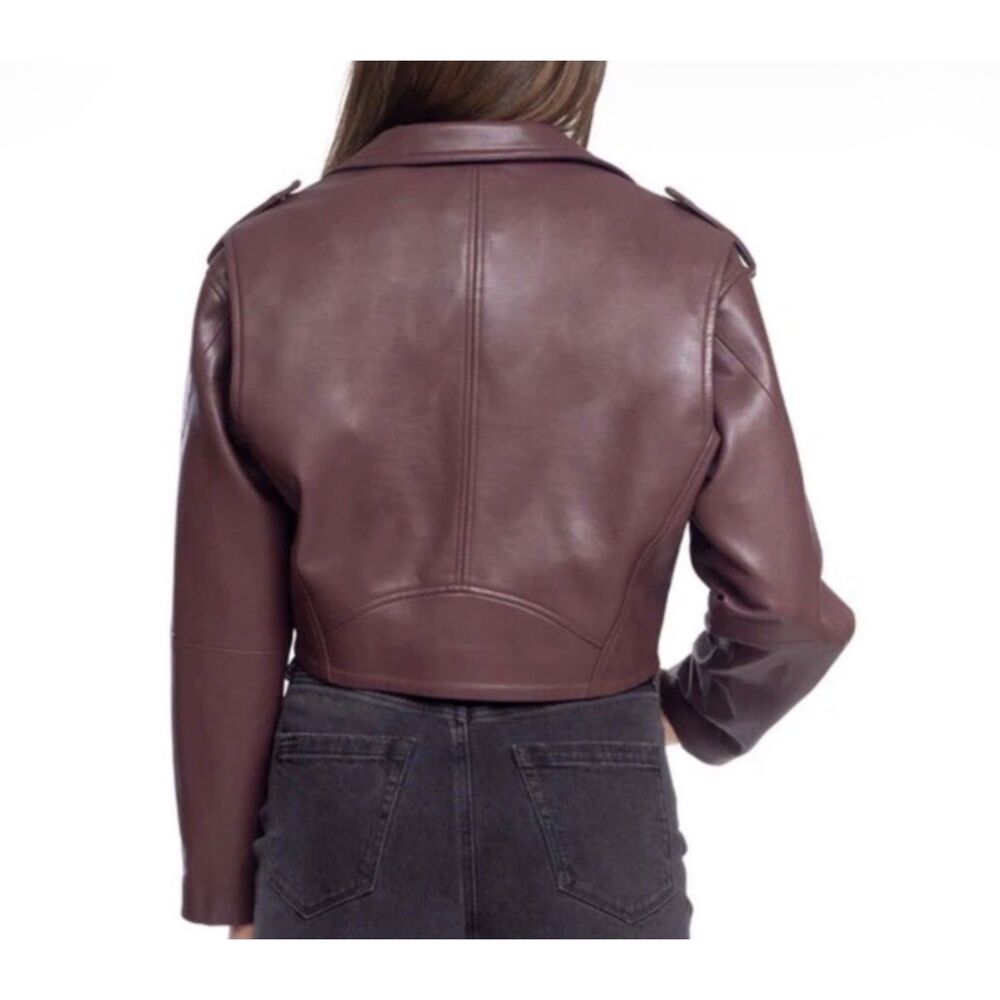 BLANKNYC Cropped Faux Leather Moto Jacket Burgundy Plum Size Small - Picture 3 of 8